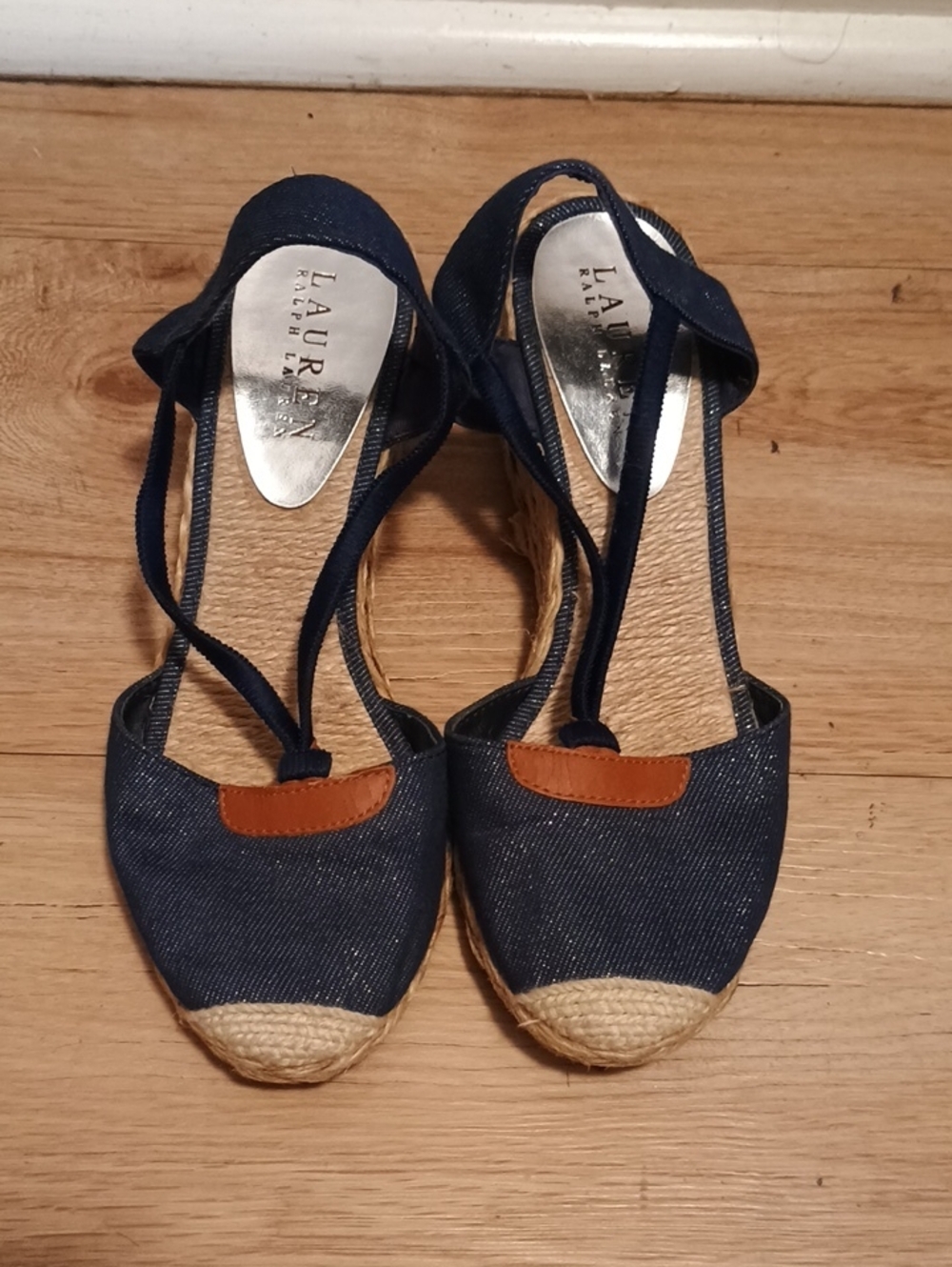 Lauren Ralph Lauren Navy Denim Espadrille Wedge Sandals with Tan Accent